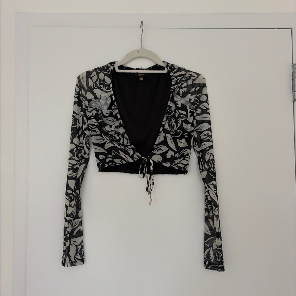 AFRM Black and White Floral Tie-Front Crop Top